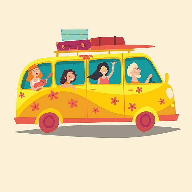 Van, traveling happy people. Hippie camper bus. Tourism Van, traveling happy people. Hippie camper bus. Tourism, cartoon character young hippie. Travel by vintage bus. Woodstock lifestyle. Family holiday. Cartoon style vector illustration, isolated hippie car stock illustrations