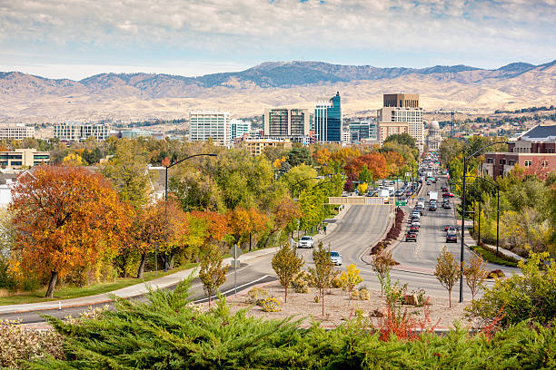 istock Fall trees line a main street in Boise Idaho 618936568