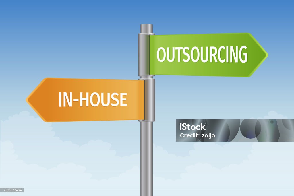 Outsourcing vs in-house Signpost with outsourcing and in-house word concepts vector illustration Outsourcing stock vector