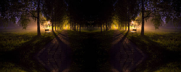 istock Kaleidoscopic pattern of night bench in mist dark tree alley 618941638