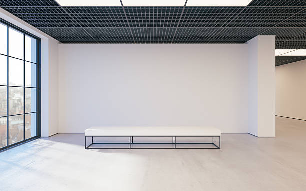 istock Mockup of light empty exhibition gallery with bench. Concrete floor 618944448