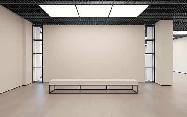 istock Mockup of light empty exhibition gallery with bench. Concrete floor 618944524