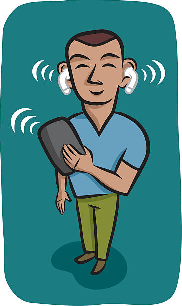 Wireless Earbuds A man listens to his device with wireless in-ear headphones. woodward stock illustrations