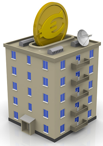 Apartment house stylized as piggy bank with a coin of the European currency. Isolated. 3D Illustration