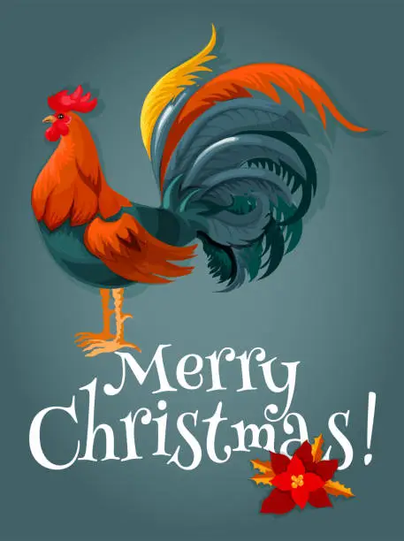 Vector illustration of Christmas and New Year card with fire red rooster