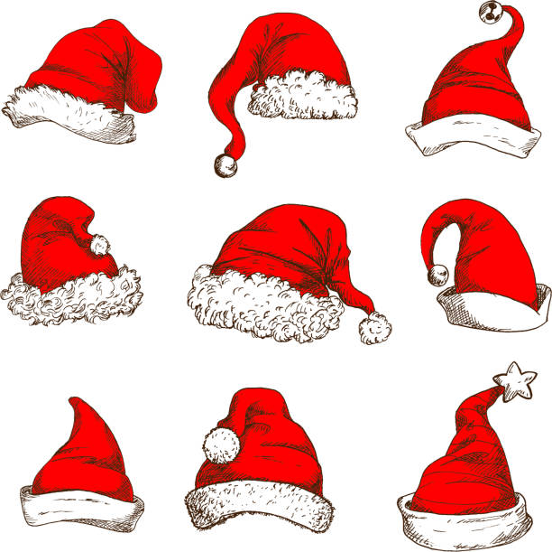 illustrazioni stock, clip art, cartoni animati e icone di tendenza di cappello rosso di natale o berretto di babbo natale e icona elfo - personal accessory cap christmas santa claus