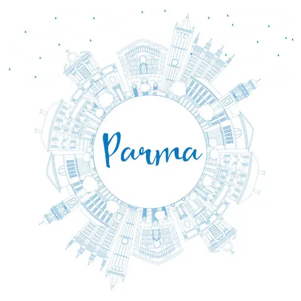 Vector illustration of Outline Parma Skyline with Blue Buildings and Copy Space.