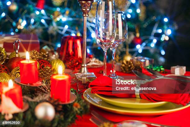 Elegant Christmas Table Setting Stock Photo - Download Image Now - Christmas, Restaurant, Dinner