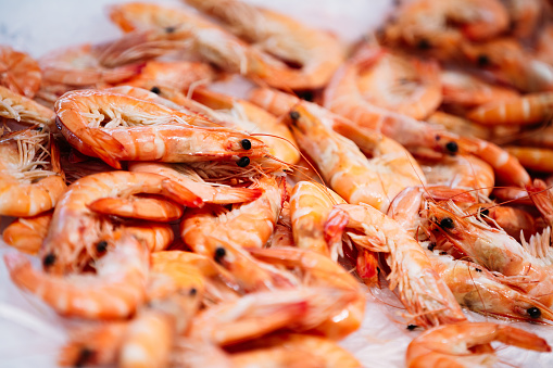 Close Up Fresh Shrimps On Display On Ice On Fishermen Market Store Shop. Shrimps - An Important Part Of Spanish Cuisine.