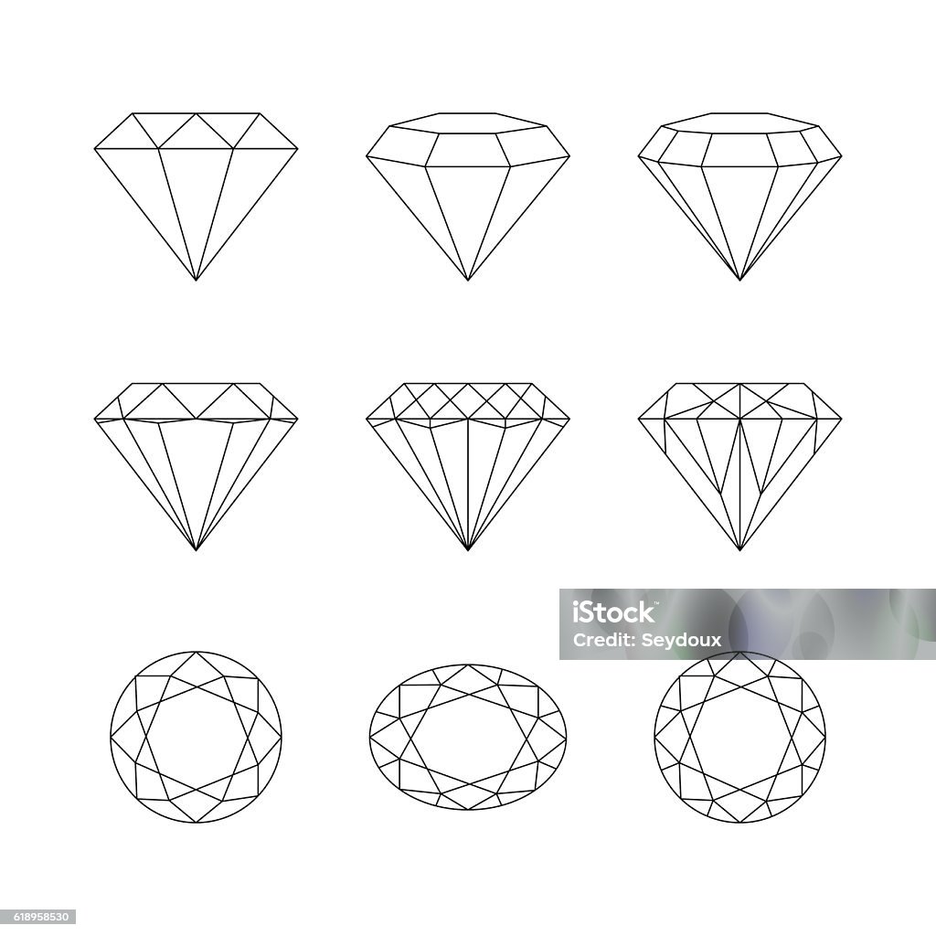 Diamonds, gemstones faceting vector patterns on a white backgrou Set of isolated gemstones.Vector set of diamond thin line design elements. Precious gem stones set of forms. Gemstone faceting patterns on a white background. Diamond - Gemstone stock vector