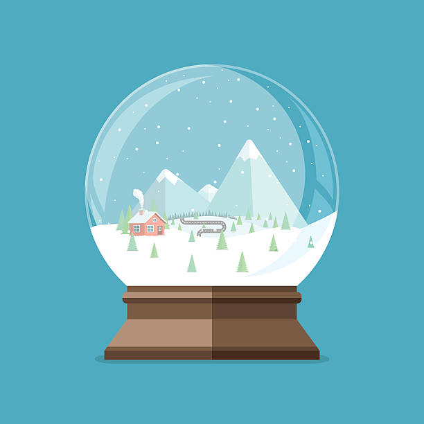ilustrações, clipart, desenhos animados e ícones de globo de neve de natal com casa na floresta e montanhas - vibrant color forest ice snow