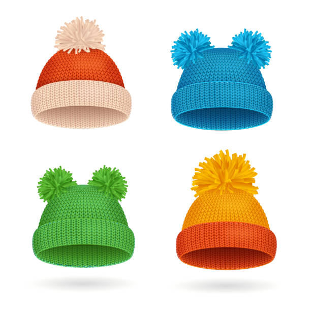Knitted Color Hat Winter Set. Vector Realistic Knitted Color Hat Winter Set for Warm. Vector illustration winter cloth pictures stock illustrations