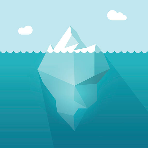 Iceberg in ocean water vector illustration, berg floating underwater part Iceberg in ocean water vector illustration, big iceberg floating in sea waves with huge underwater part and shadow iceberg ice formation stock illustrations