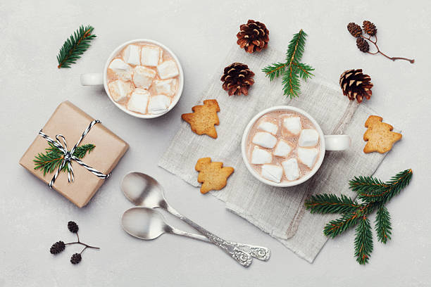 istock Cocoa or chocolate with marshmallow, cookies, christmas gift. Flat lay. 618963676