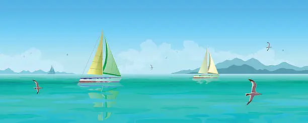 Vector illustration of Sailing boats and seagulls flying over blue ocean.