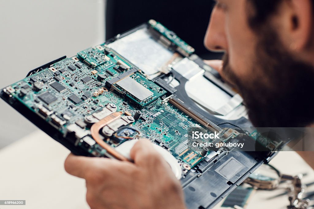 Computer Engineer Motherboard Engineer Studying Computer Motherboard Closeup Stock Photo - Download ...
