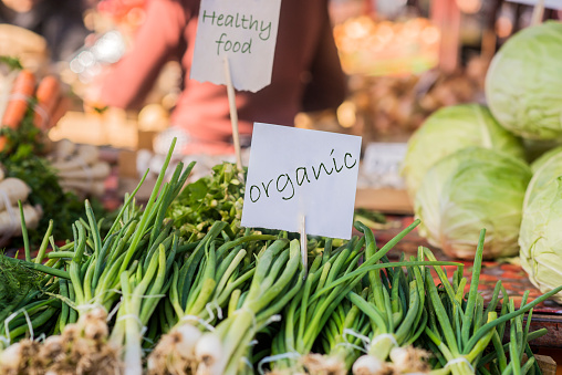 Fresh organic food at the local farmers market. Farmers markets are a traditional way of selling agricultural products.