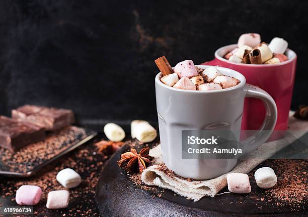 Hot Chocolate With Marshmallows And Spices On Grunge Dark Table Stock Photo - Download Image Now