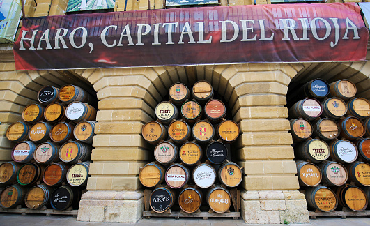 Haro, Spain - August 5, 2016: Wine barrels of the great bodegas or winehouses of Haro, La Rioja, Spain
