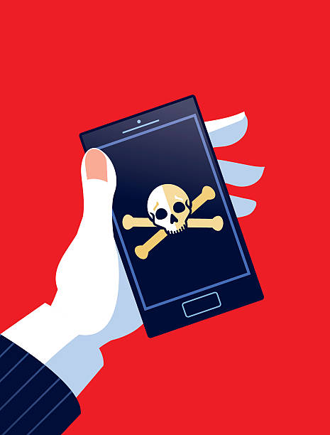 istock Businessman Holding Phone with Skull and Cross bones 618968348