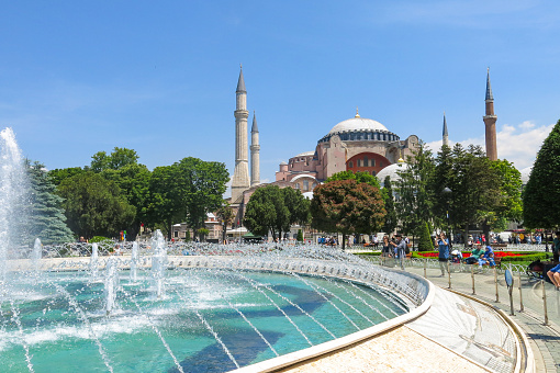 ISTANBUL, TURKEY - MAY 20, 2016: Istanbul, Sultanahmet square with views of the Hagia Sophia. More than 32 million tourists visit Turkey each year.