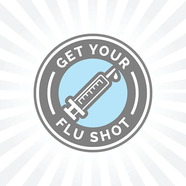 Get your flu shot vaccine sign with syringe icon badge Get your flu shot vaccine sign with blue, grey and white syringe icon badge. Vector illustration. cold and flu stock illustrations
