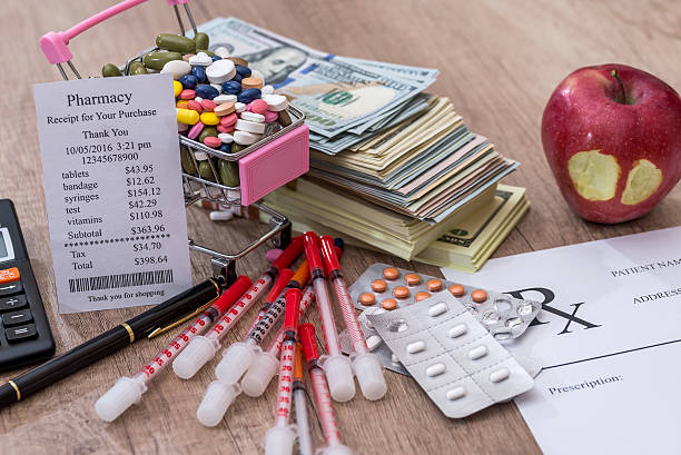 istock pills, money, syringe, insulin. rx on desk 618977550