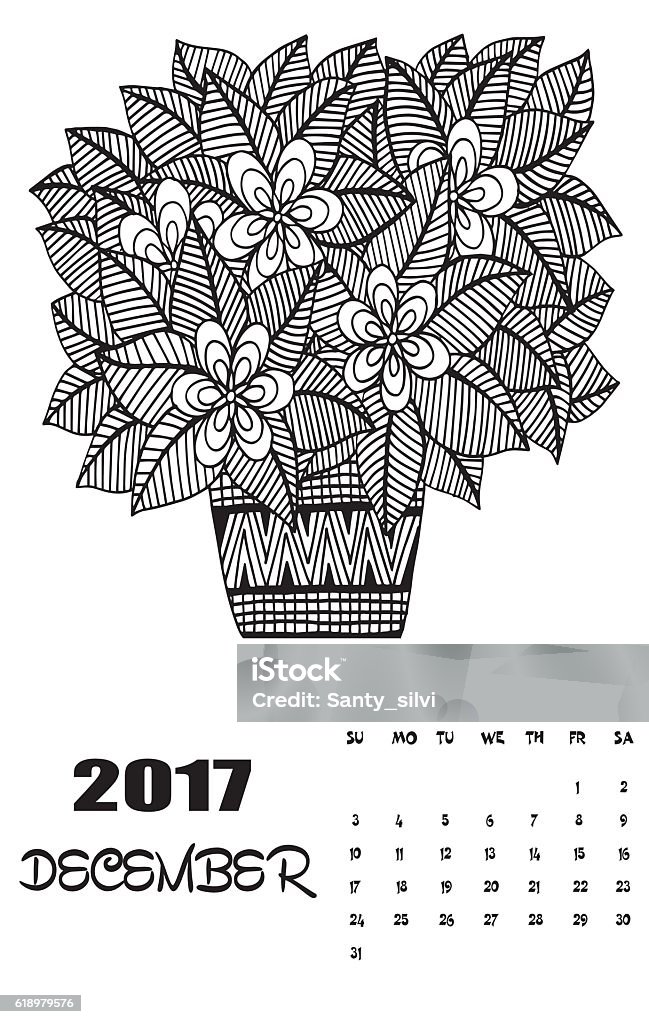 December, 2017 calendar. Line Art Black and white Illustration December, 2017 calendar. Line Art Black and white Illustration. Flower pot. Print anti-stress coloring page 2017 stock vector