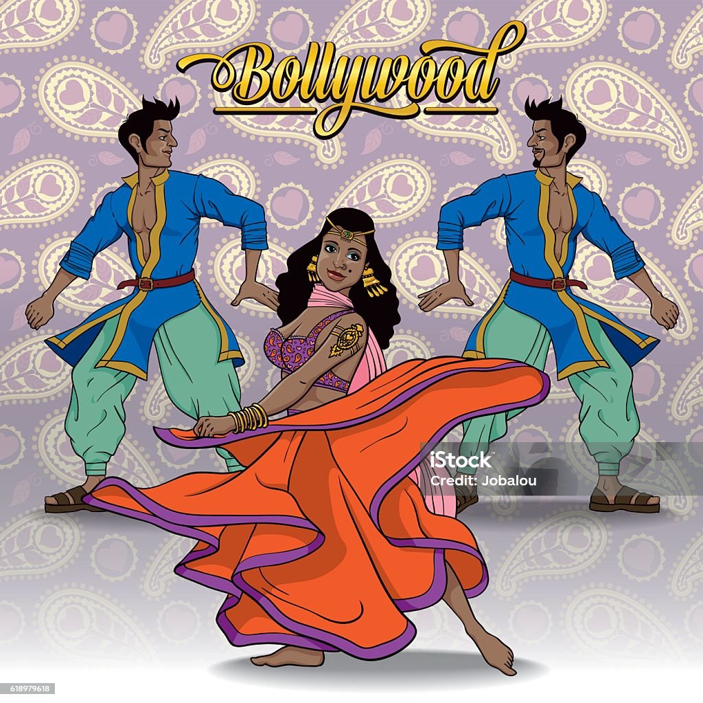 Bollywood Dancers Vector Illustration of a group of Indian ethnicity dancers with a seamless background of Indian pattern.  Bollywood stock vector