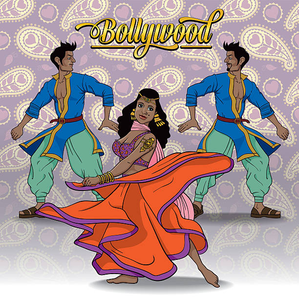 Bollywood Dancers Vector Illustration of a group of Indian ethnicity dancers with a seamless background of Indian pattern.  indian music stock illustrations