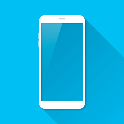 White mobile phone on blue background with a flat design style and a long shadow effect.