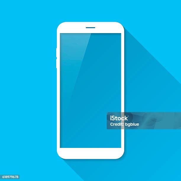 Smartphone Mobile Phone On Blue Background Long Shadow Flat Design向量圖形及更多智能手機圖片