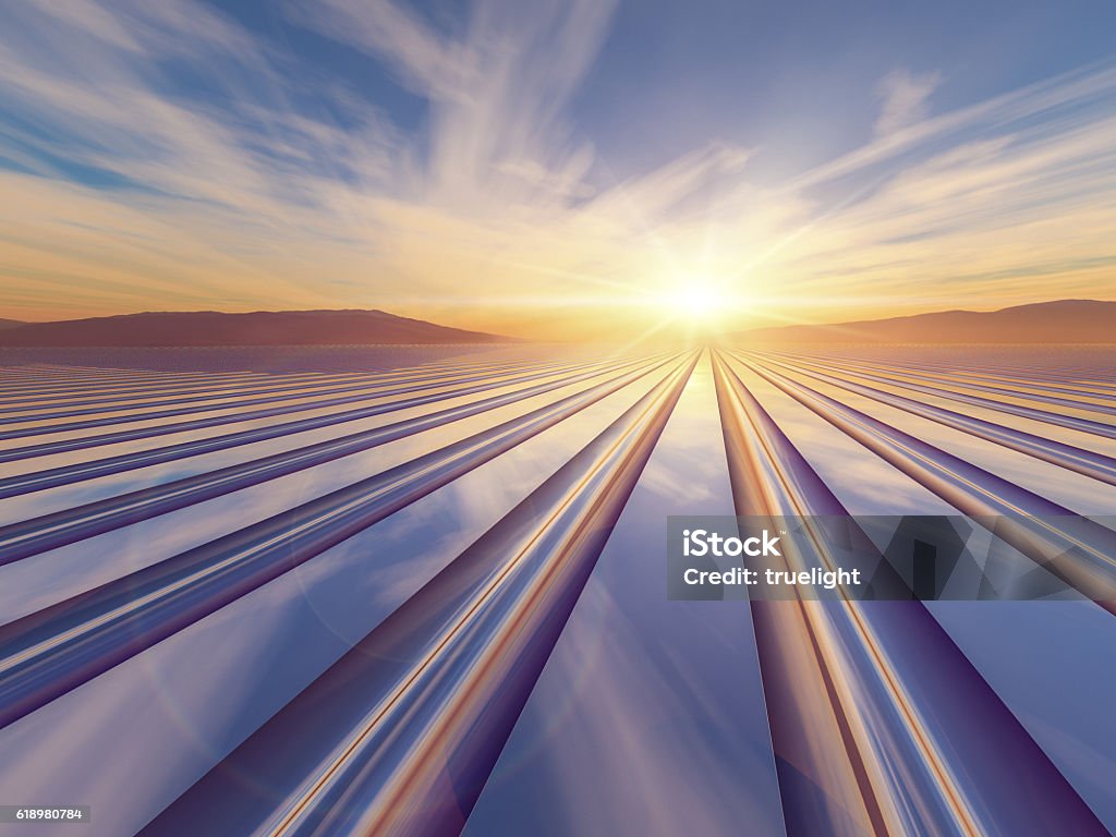 Grid Horizon Sunset An illustration abstract surreal background with a flash of light sunrise over a metal grid to a vanishing point. Single Lane Road Stock Photo