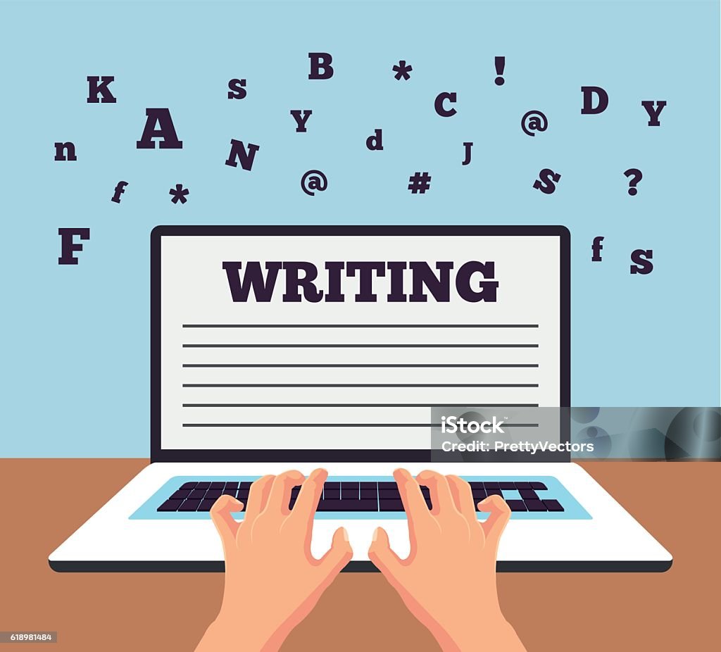 Hand typing on laptop. Vector flat cartoon illustration Computer Keyboard stock vector