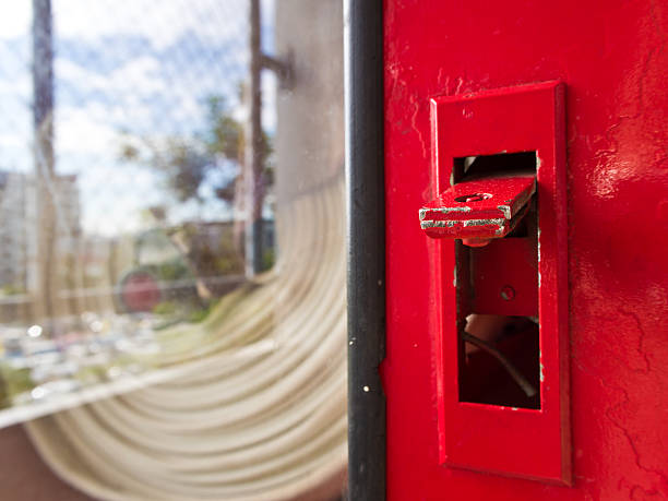 istock Lock of Fire hose rack cabinet 618981658