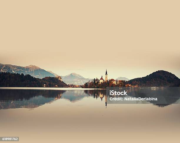 Amazing Bled Lake On Sunset Slovenia Europe Stock Photo - Download Image Now - Arranging, Arts Culture and Entertainment, Autumn