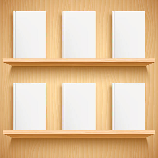 Bookshelf and Books with Blank Covers Two wooden bookshelves and books with empty blank covers. White object mock-up or template empty bookshelf stock illustrations