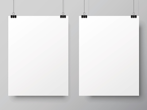 Two blank white paper lists hanging on pins. Poster mock-up template