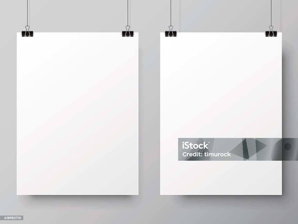 Two White Poster Templates Two blank white paper lists hanging on pins. Poster mock-up template Poster stock vector