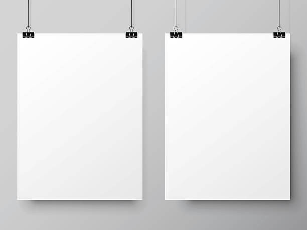 Two White Poster Templates Two blank white paper lists hanging on pins. Poster mock-up template campaign button photos stock illustrations