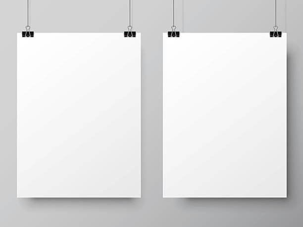 Two White Poster Templates Two blank white paper lists hanging on pins. Poster mock-up template hanging art on wall stock illustrations