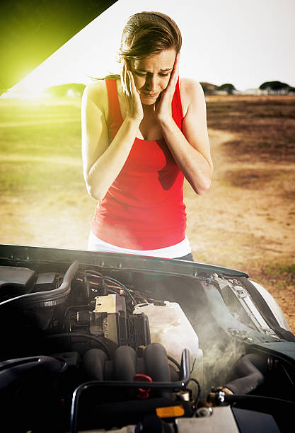 istock Pretty brunette panics about vehicle breakdown in deserted area 618983300