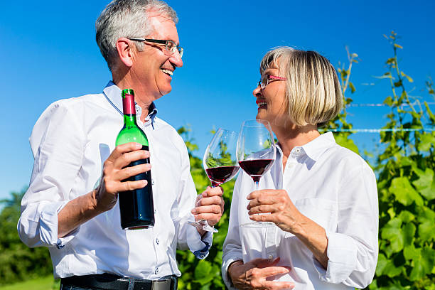 istock Senior woman and man drinking wine in vineyard 618983362