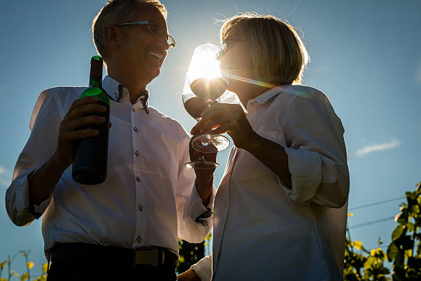 istock Senior woman and man drinking wine in vineyard 618983428