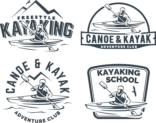 ilustrações de stock, clip art, desenhos animados e ícones de set of kayak and canoe emblems - silhouette kayaking kayak action