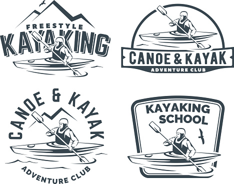 Set of kayak and canoe emblems and badges. Man in a kayak vector illustration.