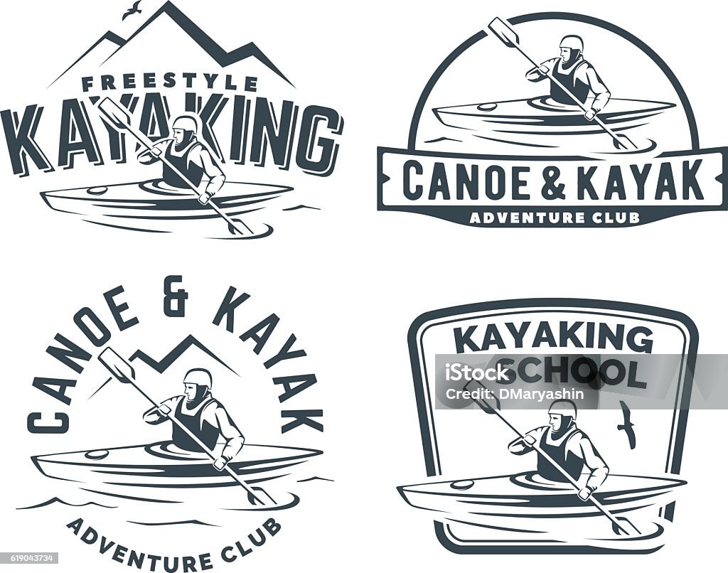 Set of kayak and canoe emblems Set of kayak and canoe emblems and badges. Man in a kayak vector illustration. Kayaking stock vector