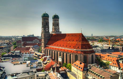 Aerial view to Frauenkirche church Munich, Germany