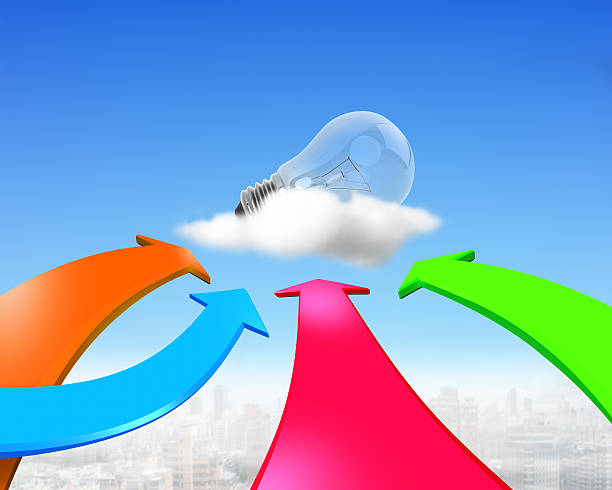 istock Four color arrows go toward light bulb 619045986