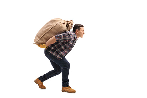Full length profile shot of a male agricultural worker carrying a burlap sack on his back isolated on white background